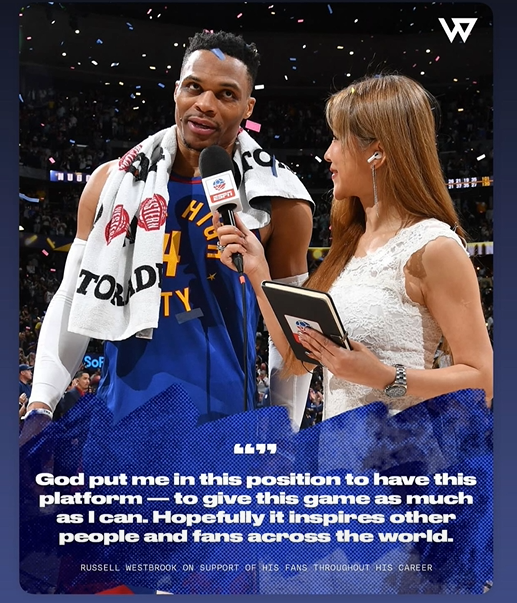 性情了！威少转发自己采访：希望我能激励全世界的所有球迷